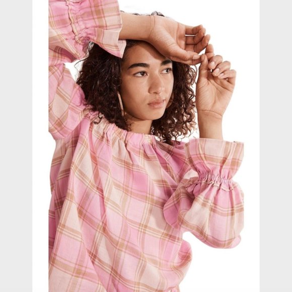 Country Road Tops - Country Road Pink Check Print Ramie Blouse Top Size 8 Asymmetric Textured Womens